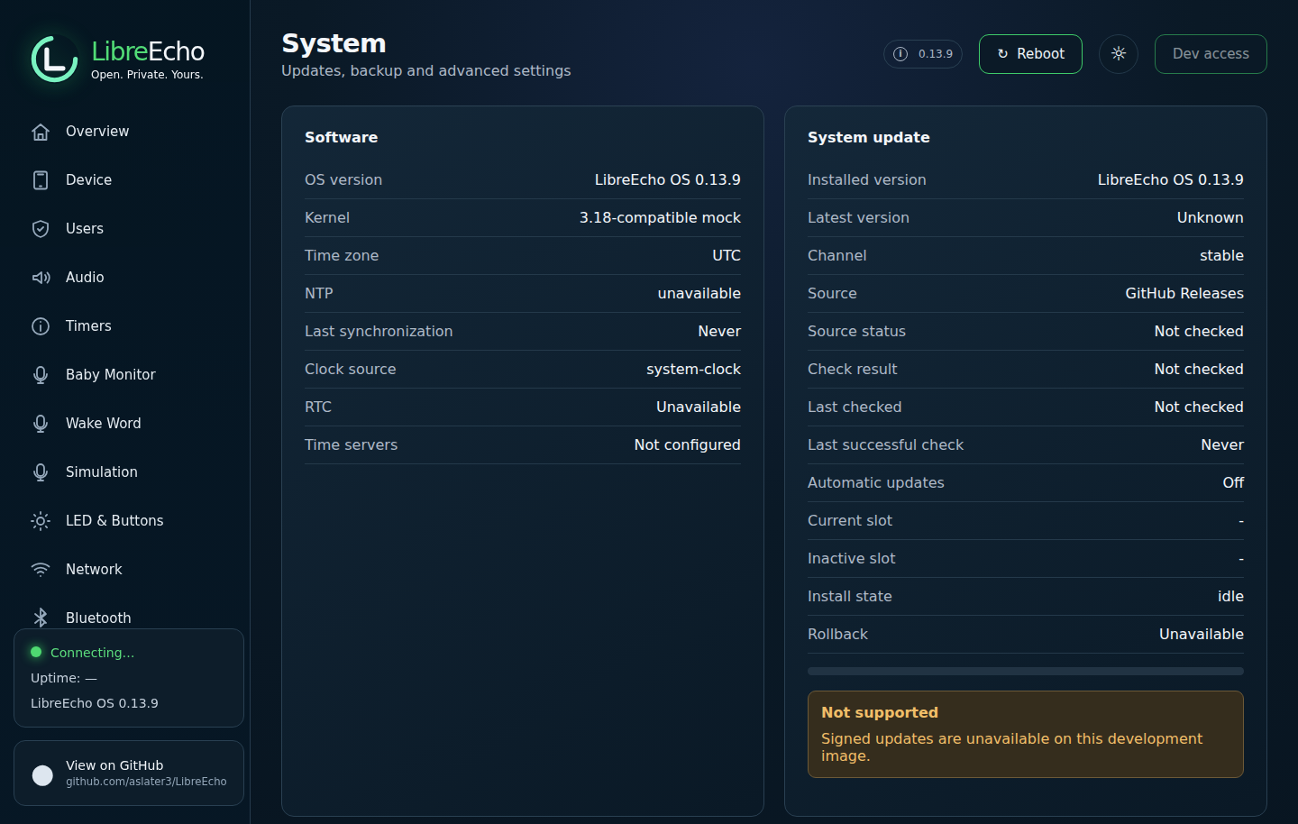 Simulated LibreEcho Control Centre System page